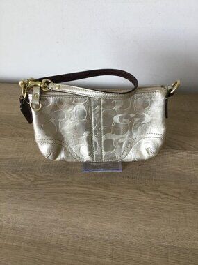 Coach Metallic Gold Embossed Signature Pattern Leather Wristlet Clutch w/Hangtag